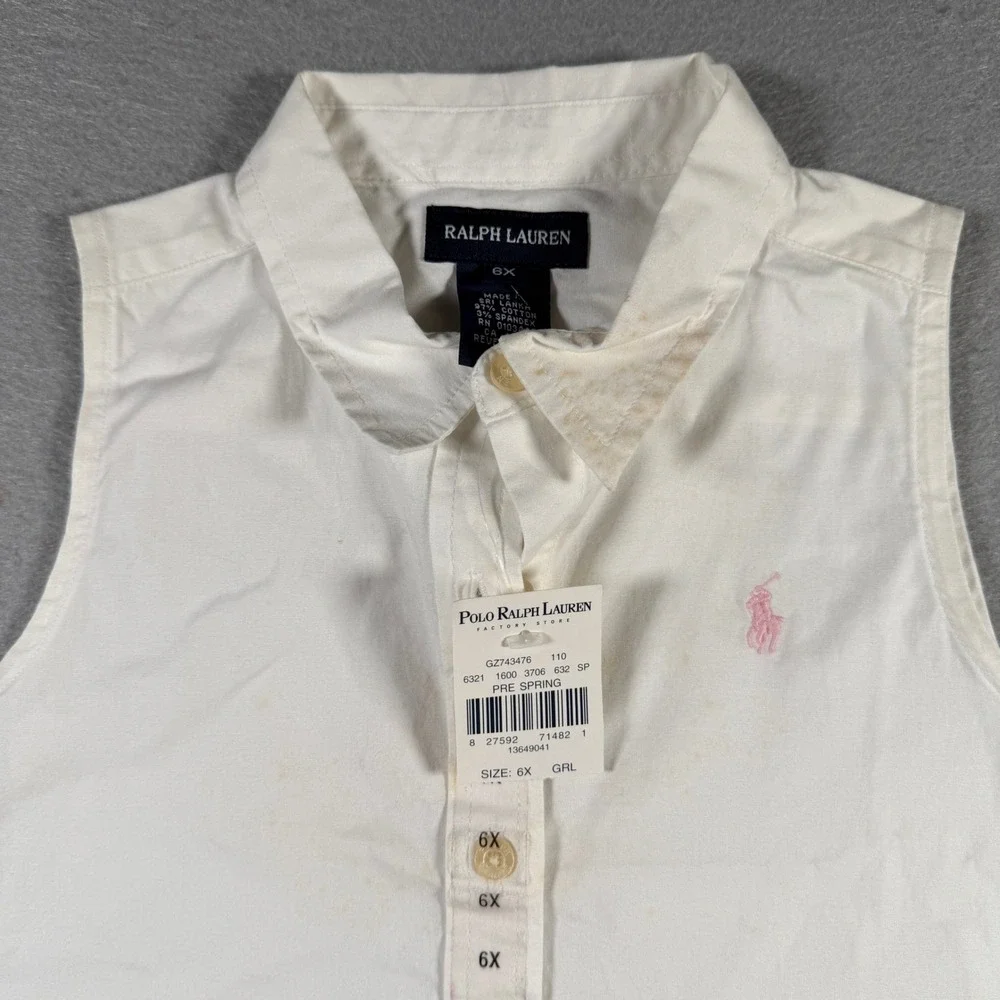 Ralph Lauren Girls White Sleeveless Button Down Shirt Pink Pony Logo Size 6X